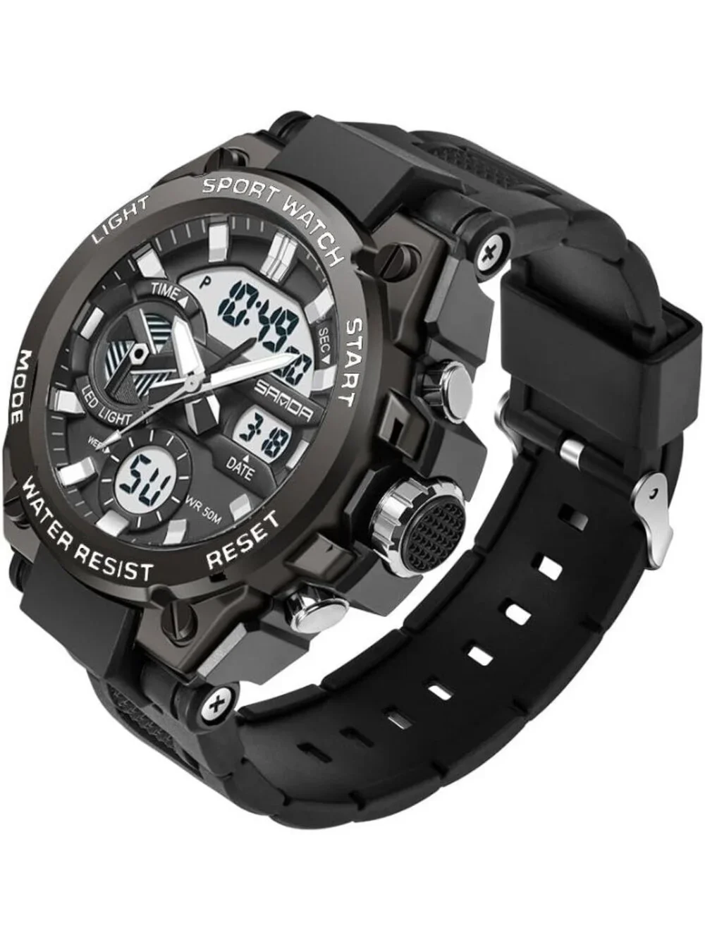 Men's Black And Grey Analog Quartz Sports Waterproof Military LED Digital Watch